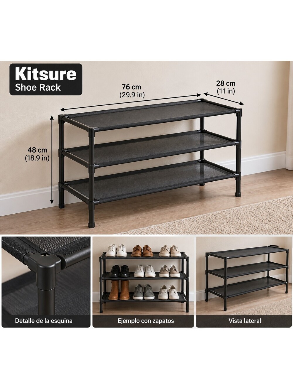 Kitsure 3-Tier Shoe Rack Organizer with Black Frame